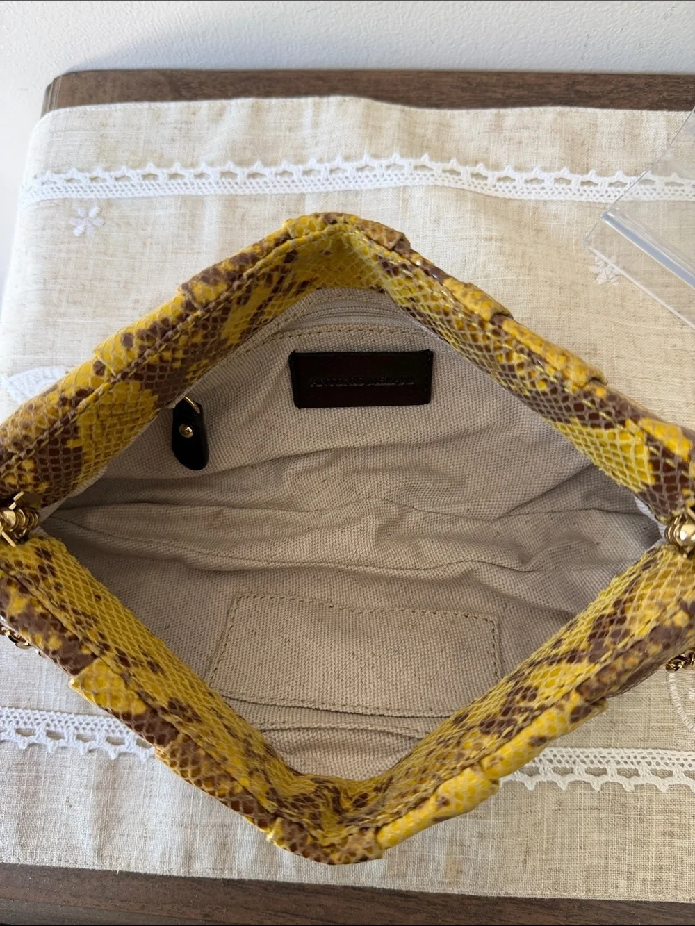 Antonio Melani Yellow/Brown Snakeskin Embossed Pleated Clutch/Shoulder Bag